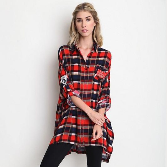 Umgee Tops - Red Plaid UMGEE Oversized Button Down BOHO Shirt